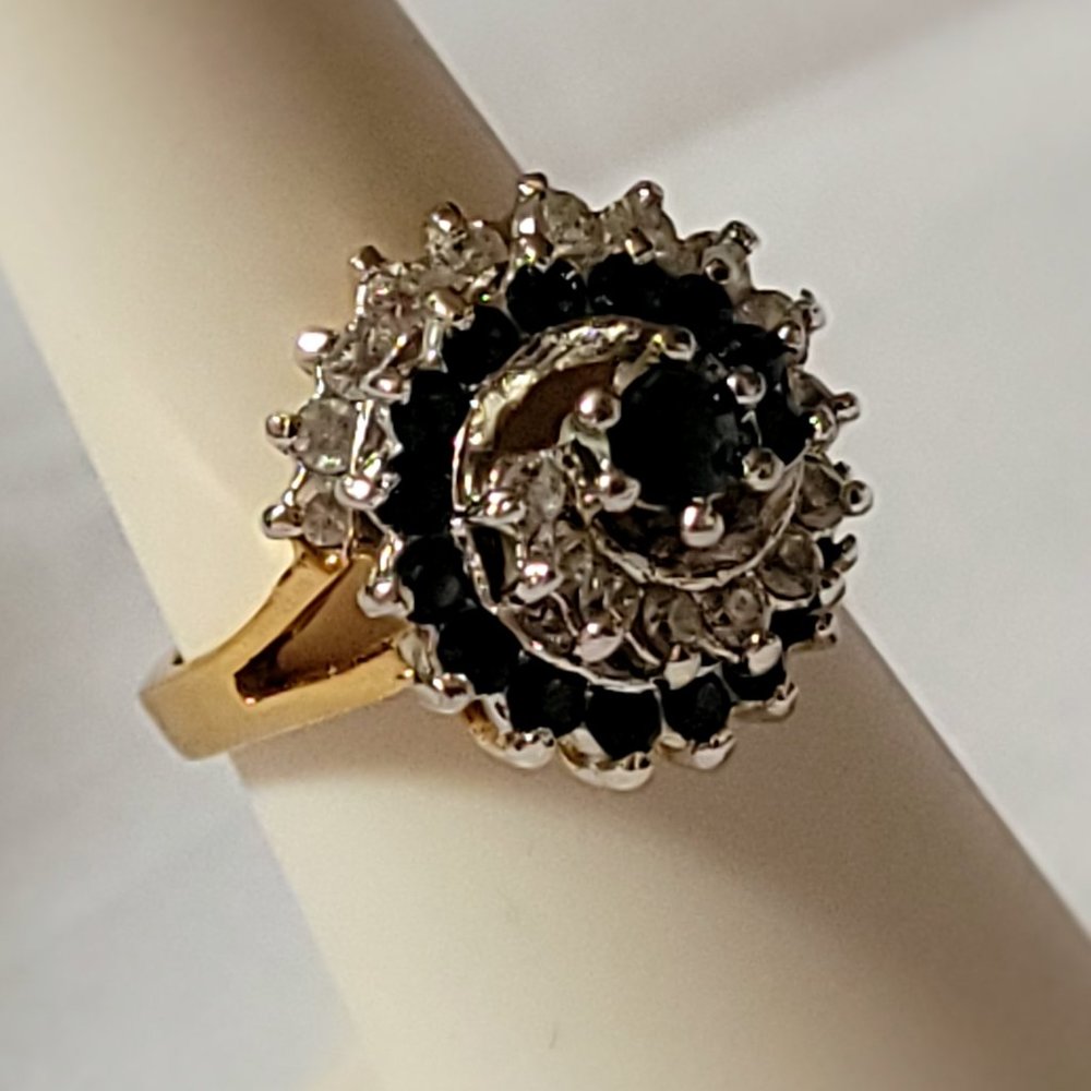 Faux Sapphire & Diamond Swirled Gold Tone Cocktail Ring Size 8